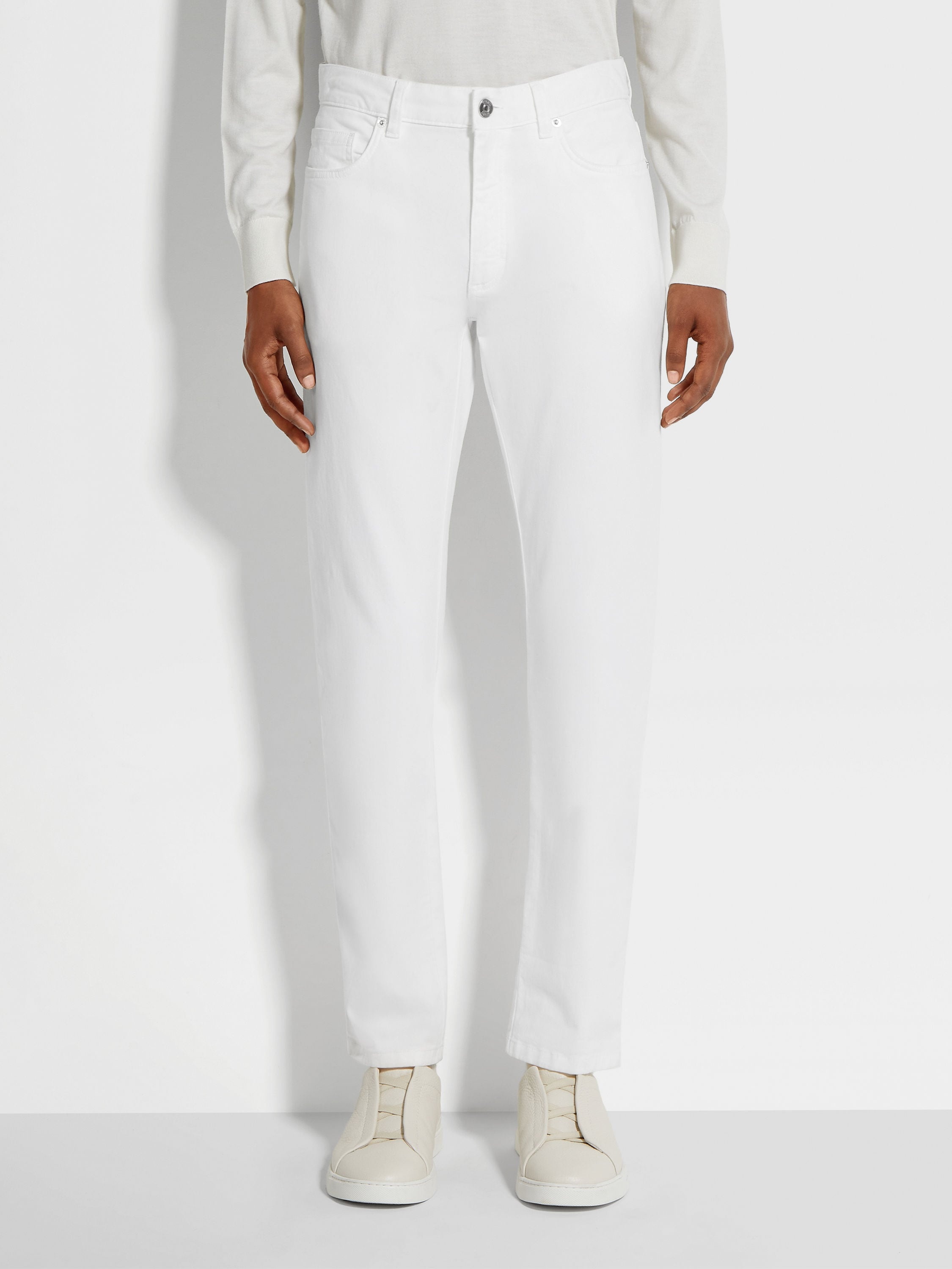 WHITE STRETCH COTTON ROCCIA JEANS - 4