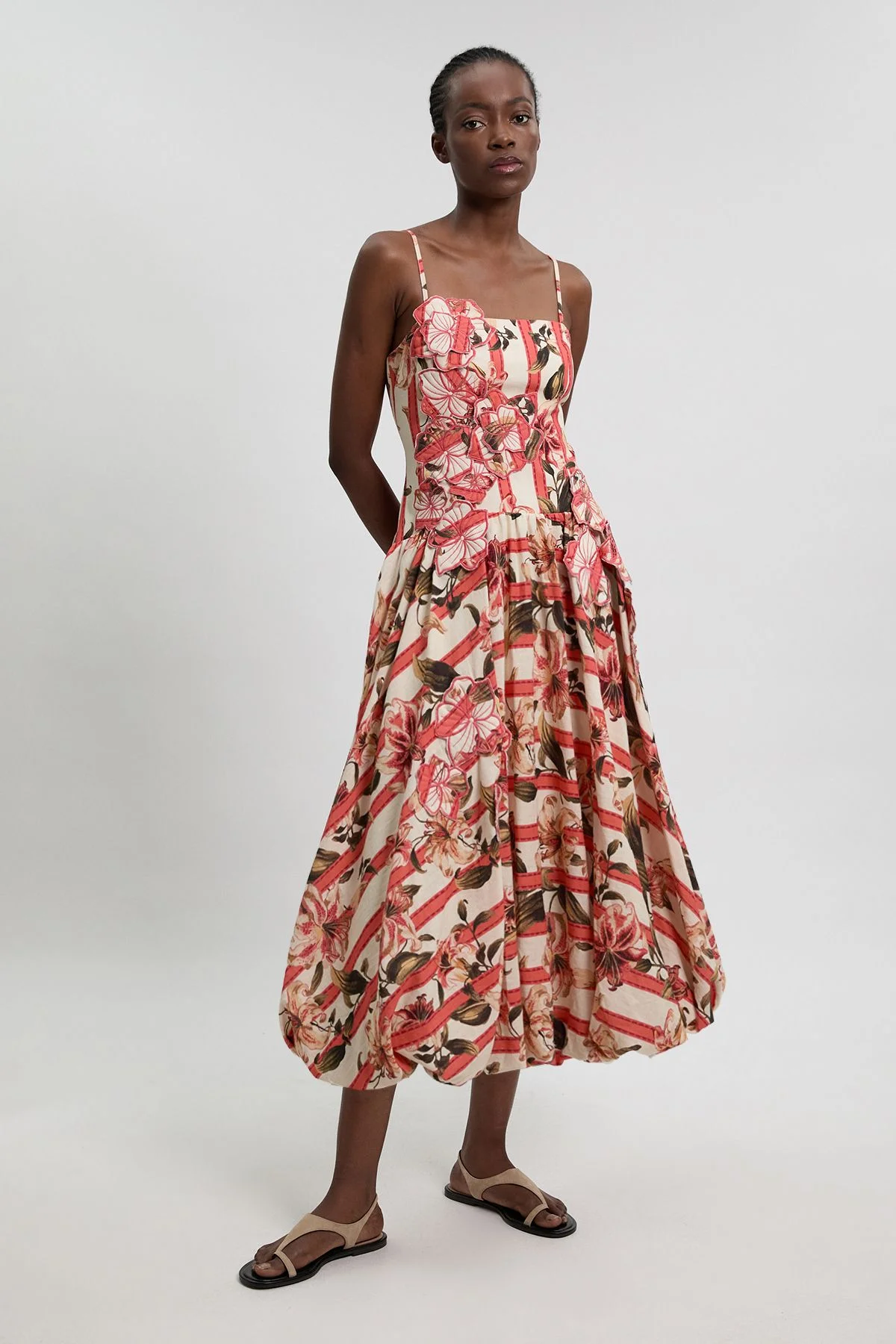 Cotton Linen Printed 3D Floral Bubble Hem Midi Dress - 1