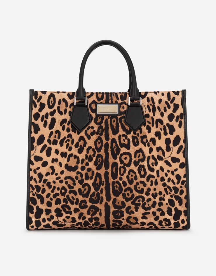 Leopard-print canvas shopper with calfskin nappa details - 1