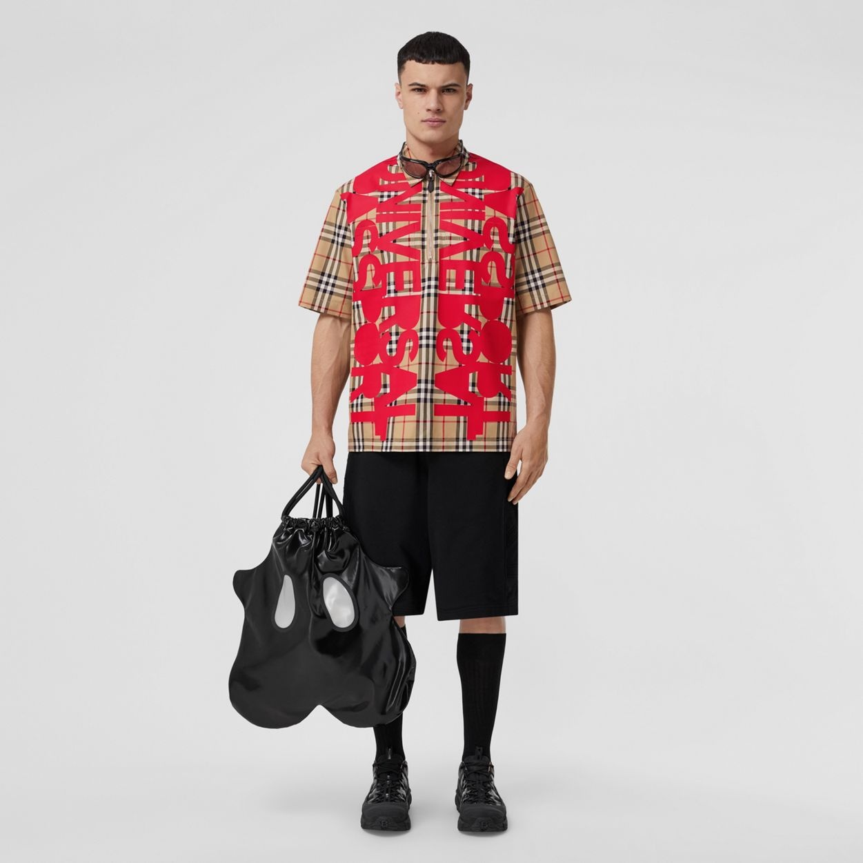 Short-sleeve Slogan Print Check Cotton Shirt - 2