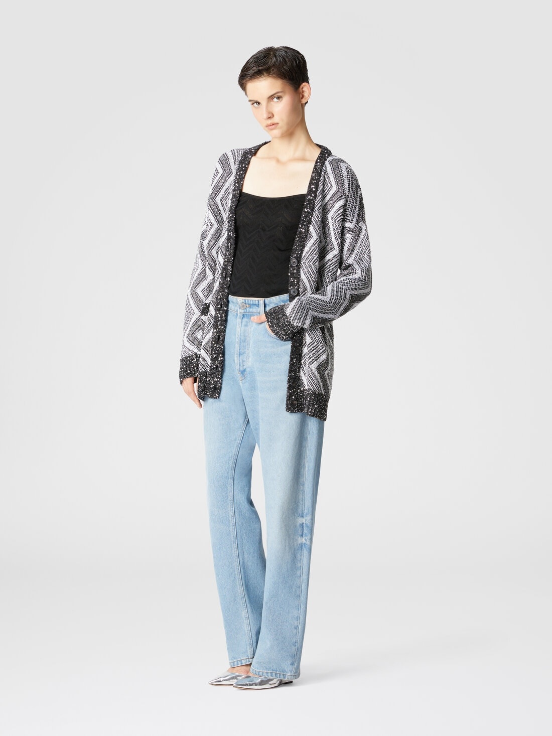 Oversized cardigan with macro zig zag and sequins - 2