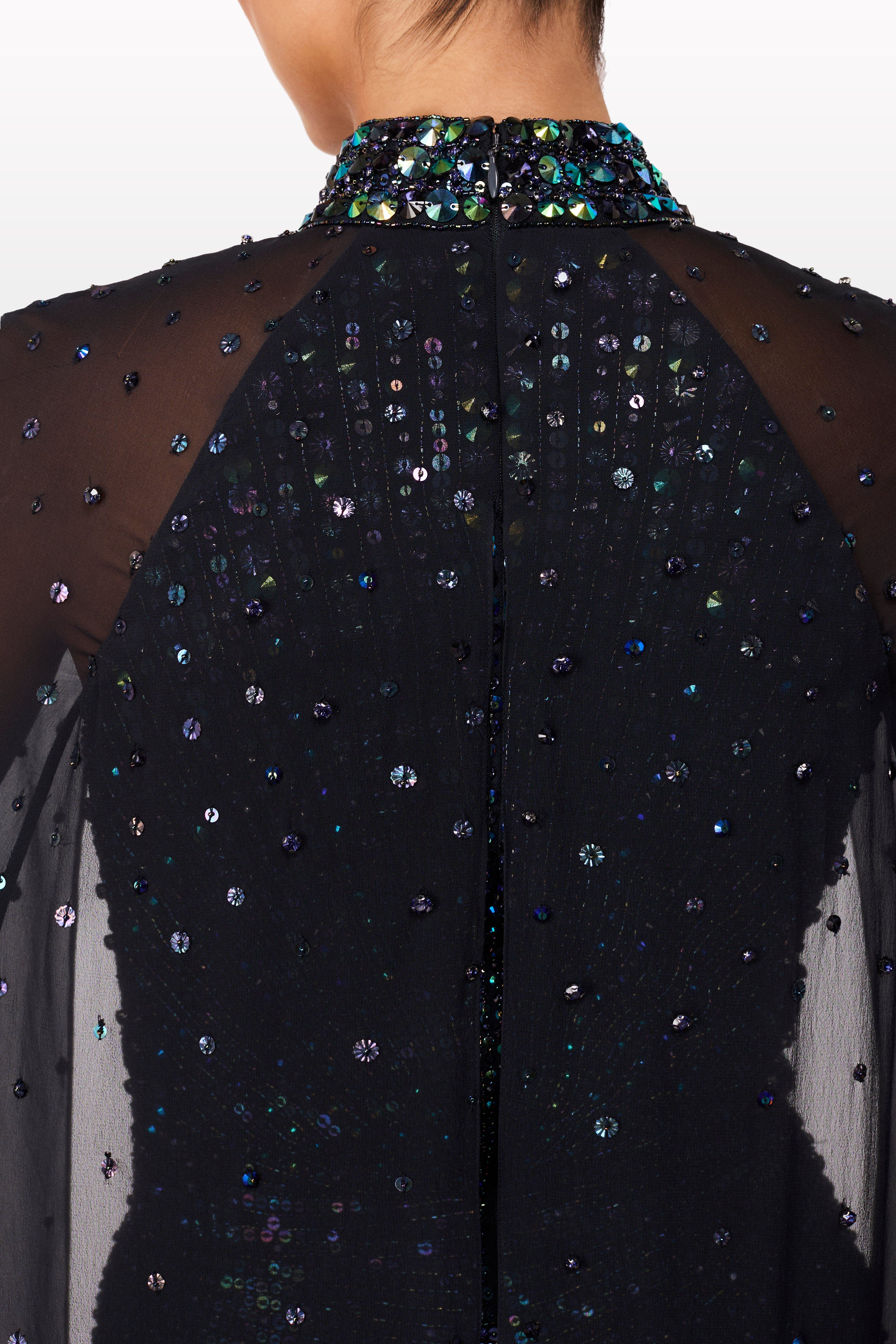 Jenny Packham Thea Embellished Cape Maxi Dress in Ink at Nordstrom - 5