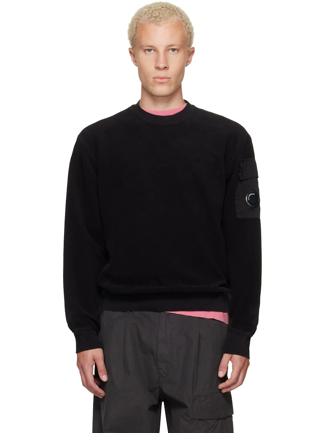 Black Crew Neck Brushed Emerized Diagonal Fleece Sweatshirt - 1