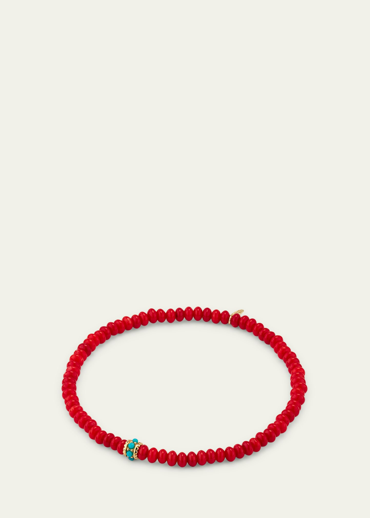 Gold and Turquoise Scallop Rondelle on Red Bamboo Coral Bracelet - 4
