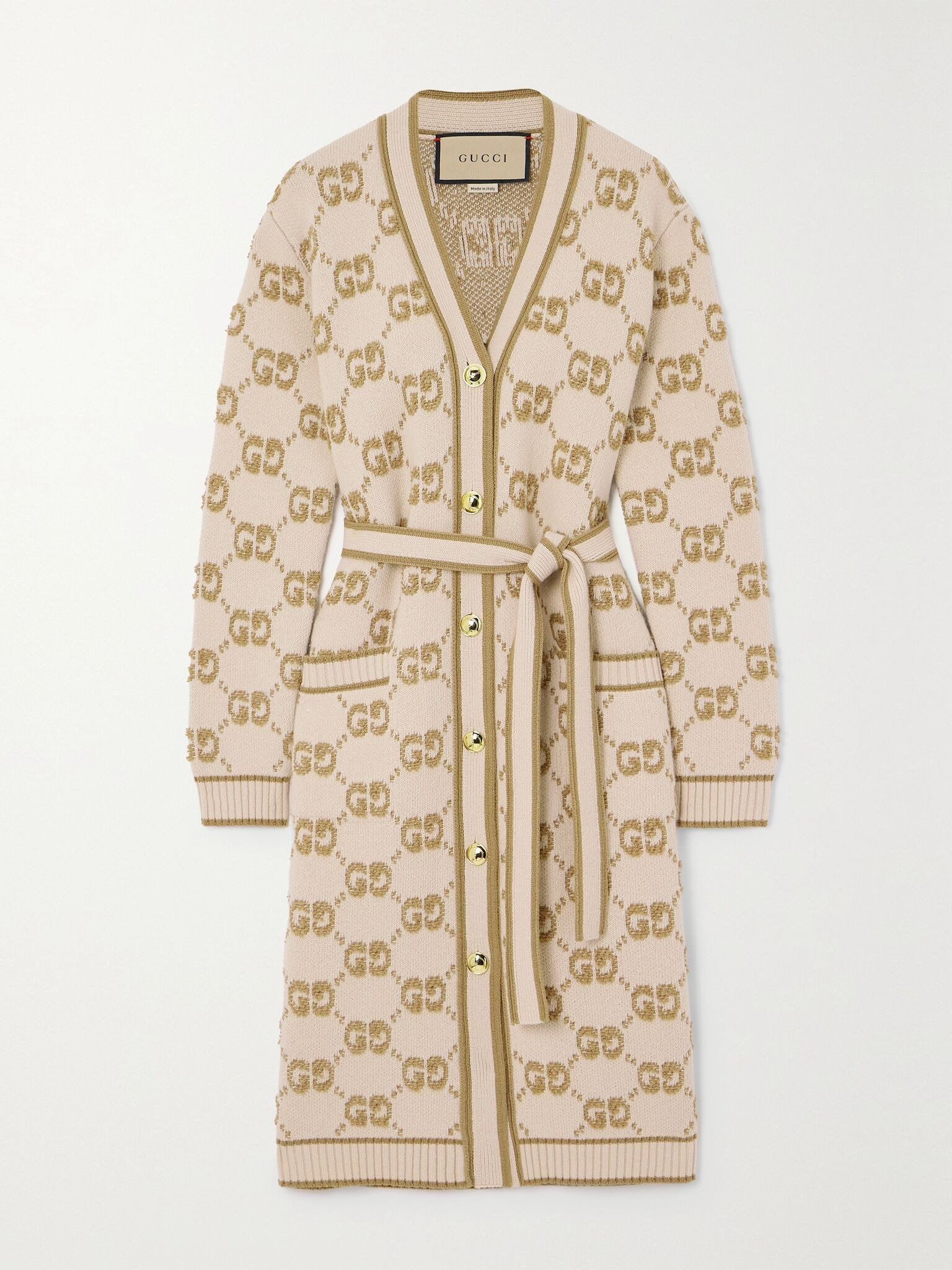 Belted wool-jacquard cardigan Camel - 1