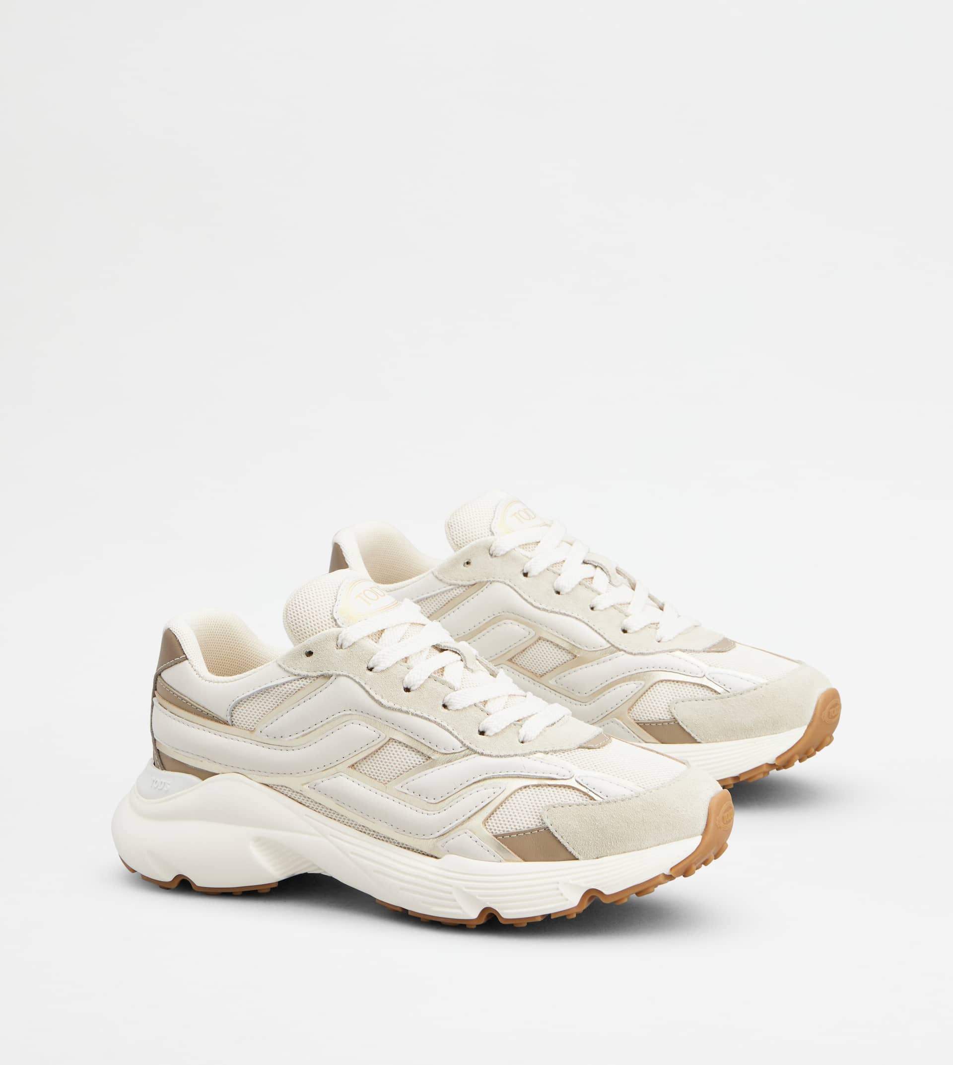 SNEAKERS IN LEATHER AND FABRIC - BEIGE, WHITE, GOLD - 3