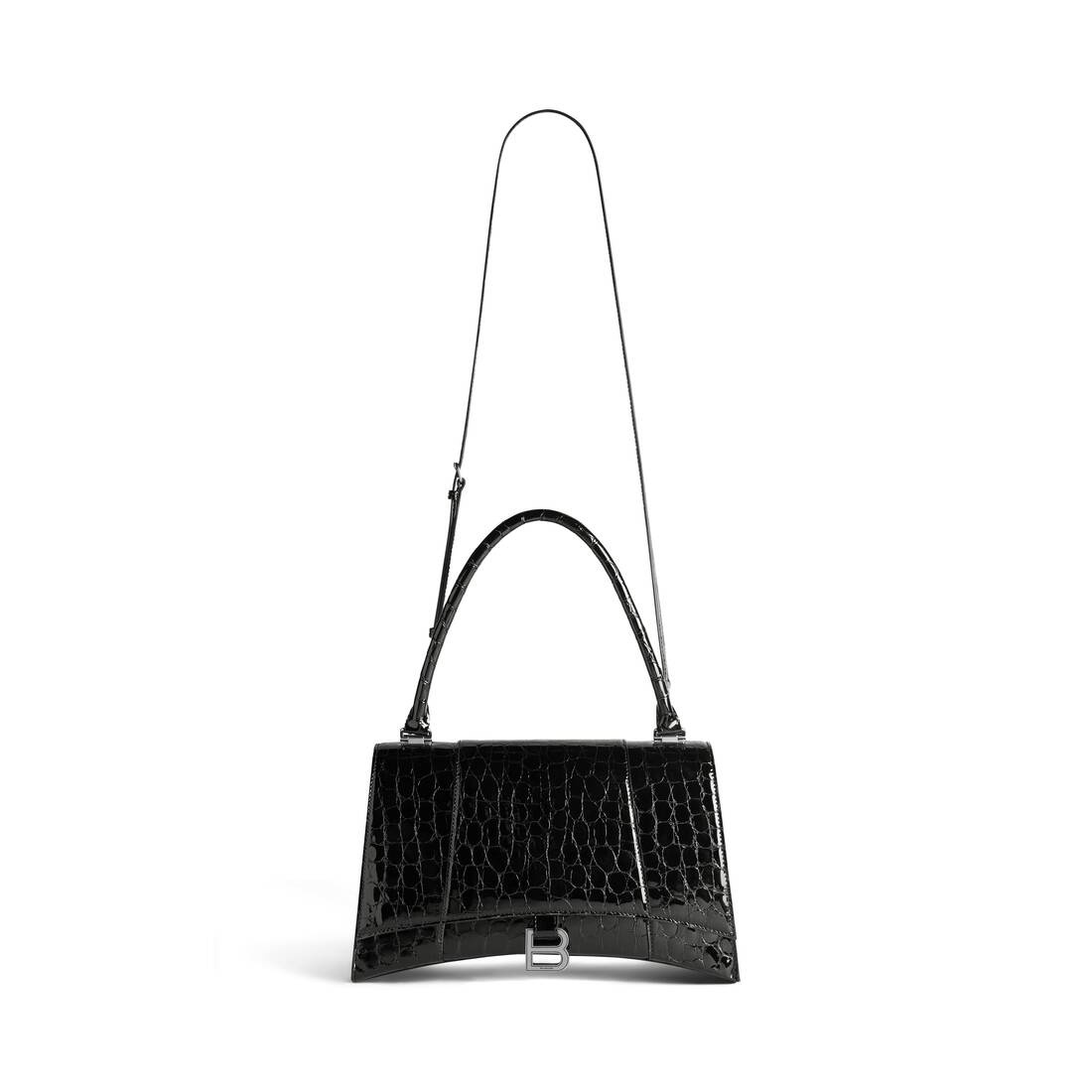 Women's Hourglass Hinge Medium Handbag Crocodile Embossed in Black - 8