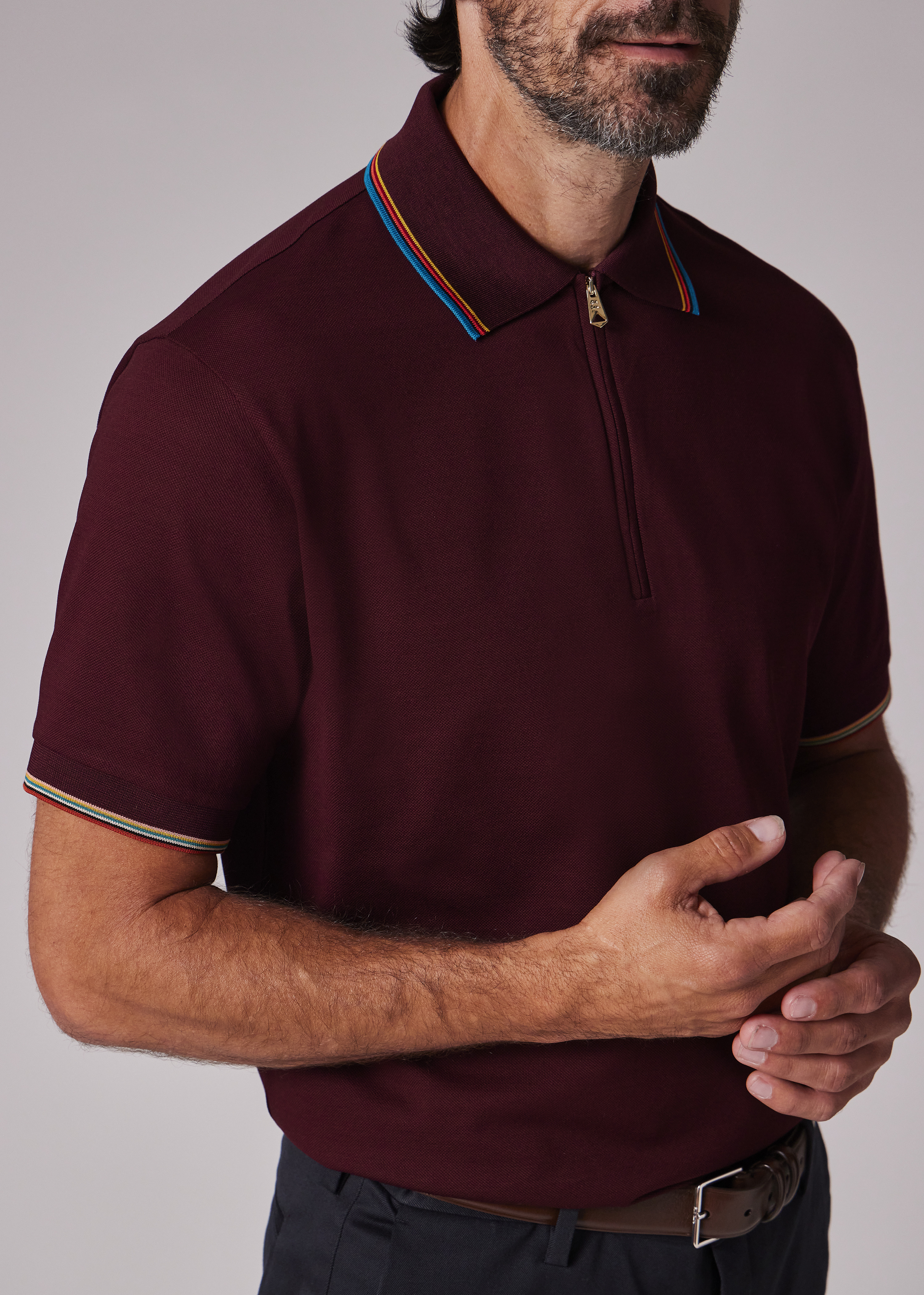 Burgundy Cotton 'Signature Stripe' Trim Zip Polo Shirt - 3