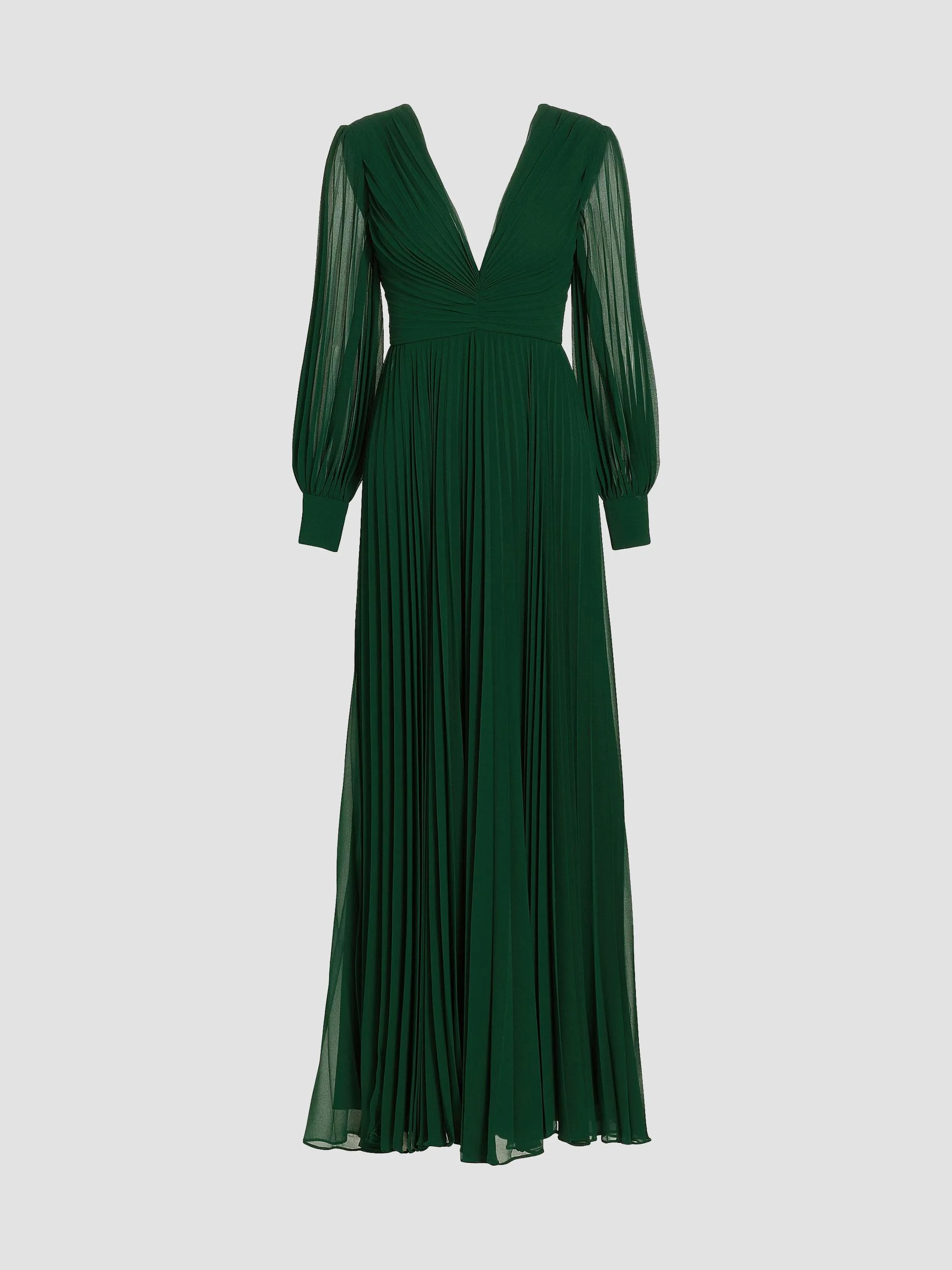 Women's Pleated V-Neck Gown - Dark Emerald - 1