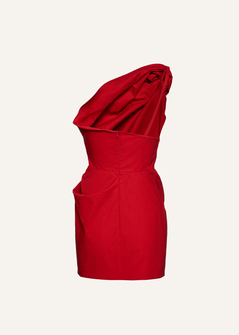 One shoulder ruched linen mini dress in red 2