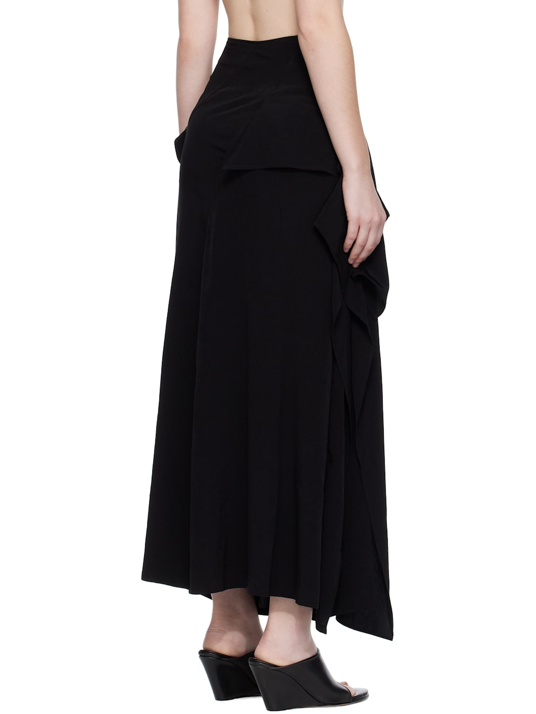 Black Draped High Waist Midi Skirt - 3