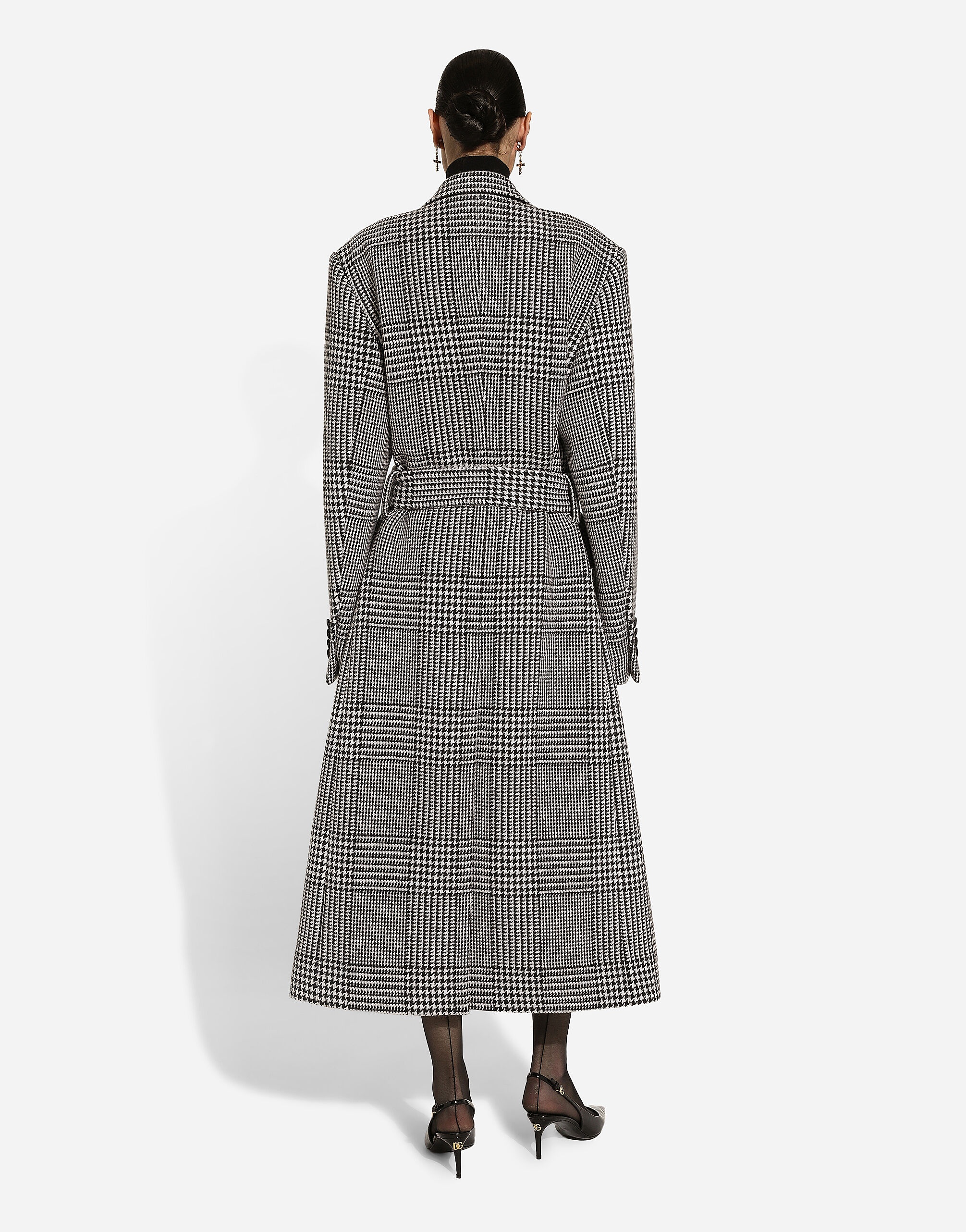 Single-breasted houndstooth check coat with belt - 3