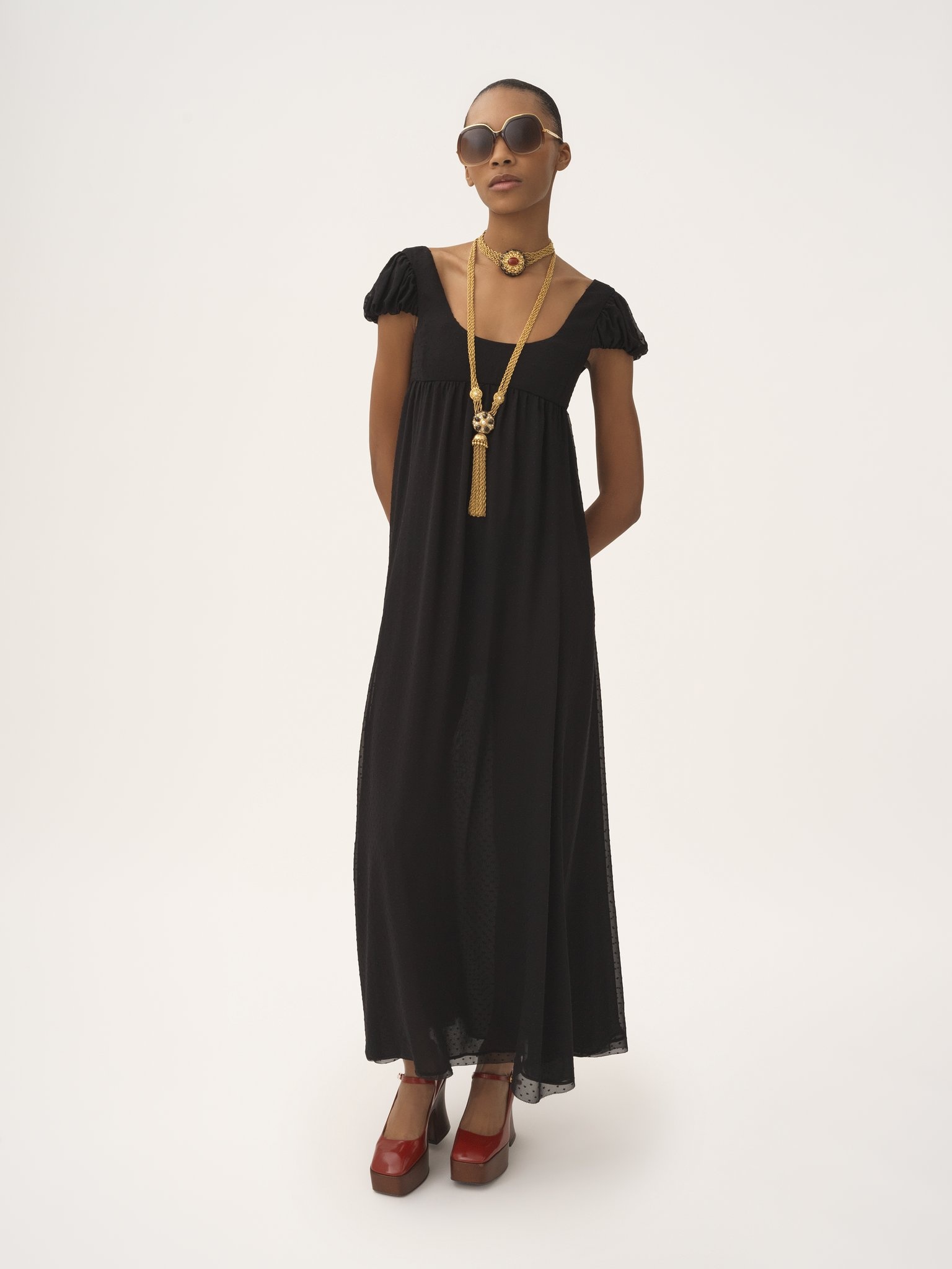 PUFF-SLEEVE LONG DRESS IN SILK PLUMETIS - 3