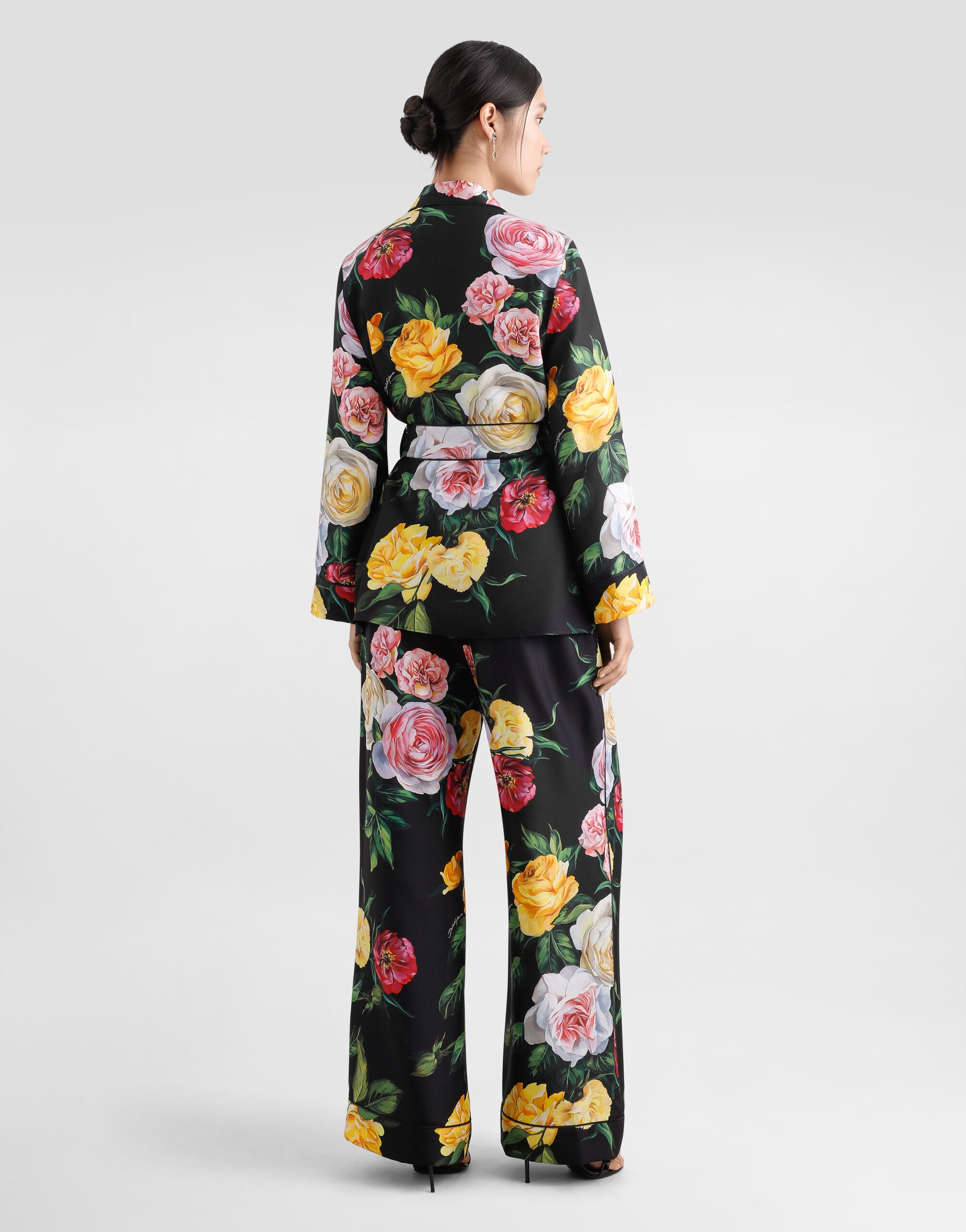 Silk habotai pajama shirt with rose and peony print - 3