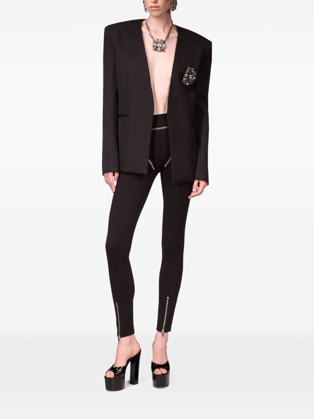 crystal-brooch collarless blazer - 3