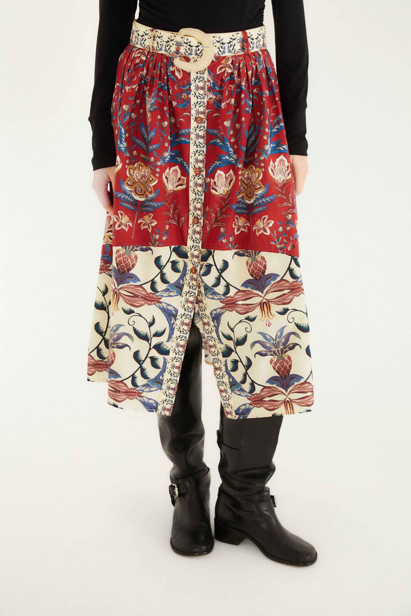 FARM RIO Red Winter Breeze Buttoned Belted Organic Cotton Midi Skirt outlook