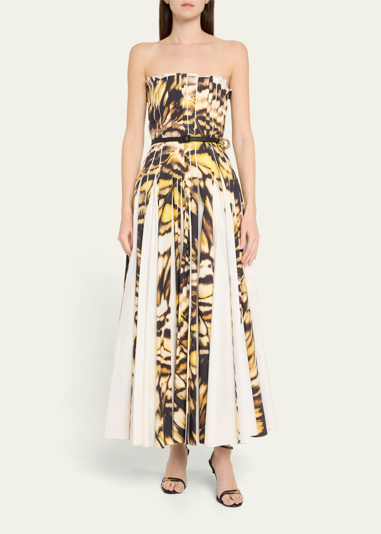 Strapless Pleated Butterfly Poplin Ankle Dress With Belt - 2
