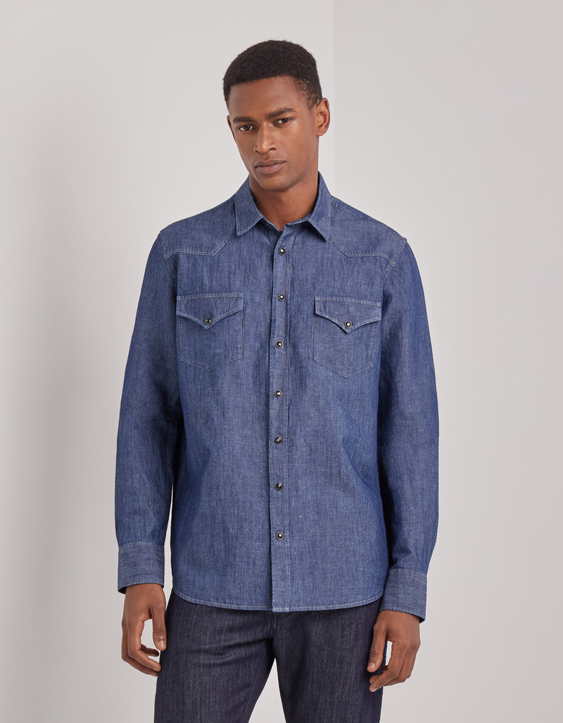 Canali BLUE COTTON-LINEN DENIM REGULAR-FIT SHIRT WITH SNAP BUTTONS outlook
