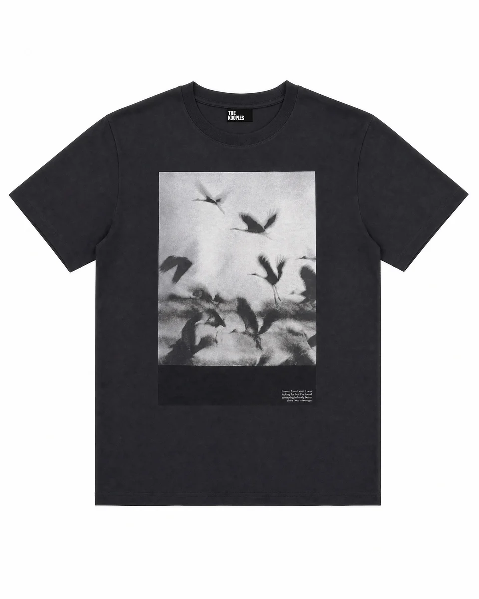 BLACK T-SHIRT WITH SCREEN-PRINTED BIRDS - 1