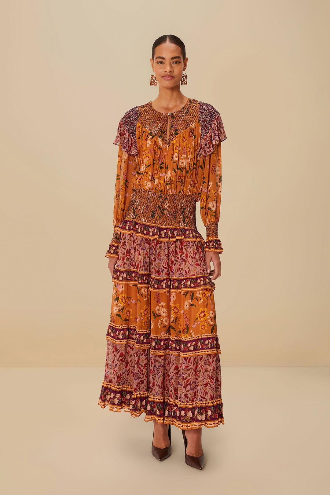 Colorful Birds Camel Smocking Long Sleeve Maxi Dress - 3
