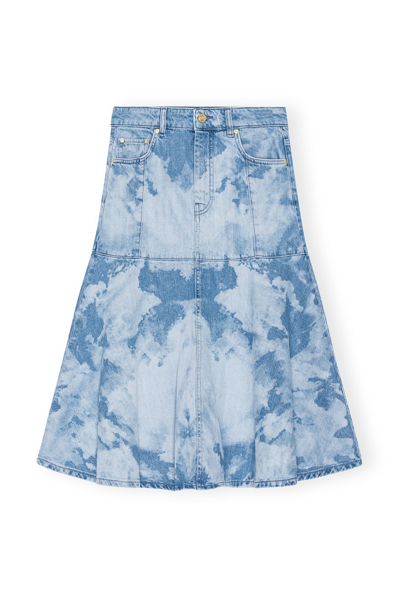 BLUE BLEACH DENIM FLOUNCE MIDI SKIRT - 1