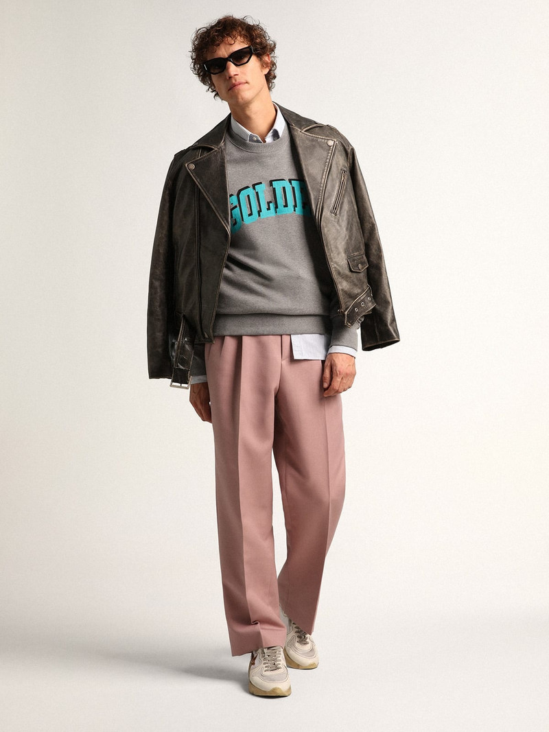 Golden Goose Gray Journey Collection sweatshirt with contrasting turquoise Golden lettering outlook