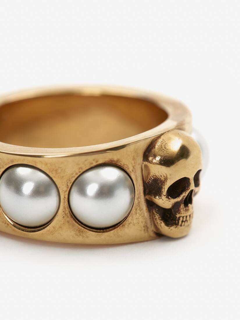 Women's Pearl Skull Ring in Antique Gold - 3