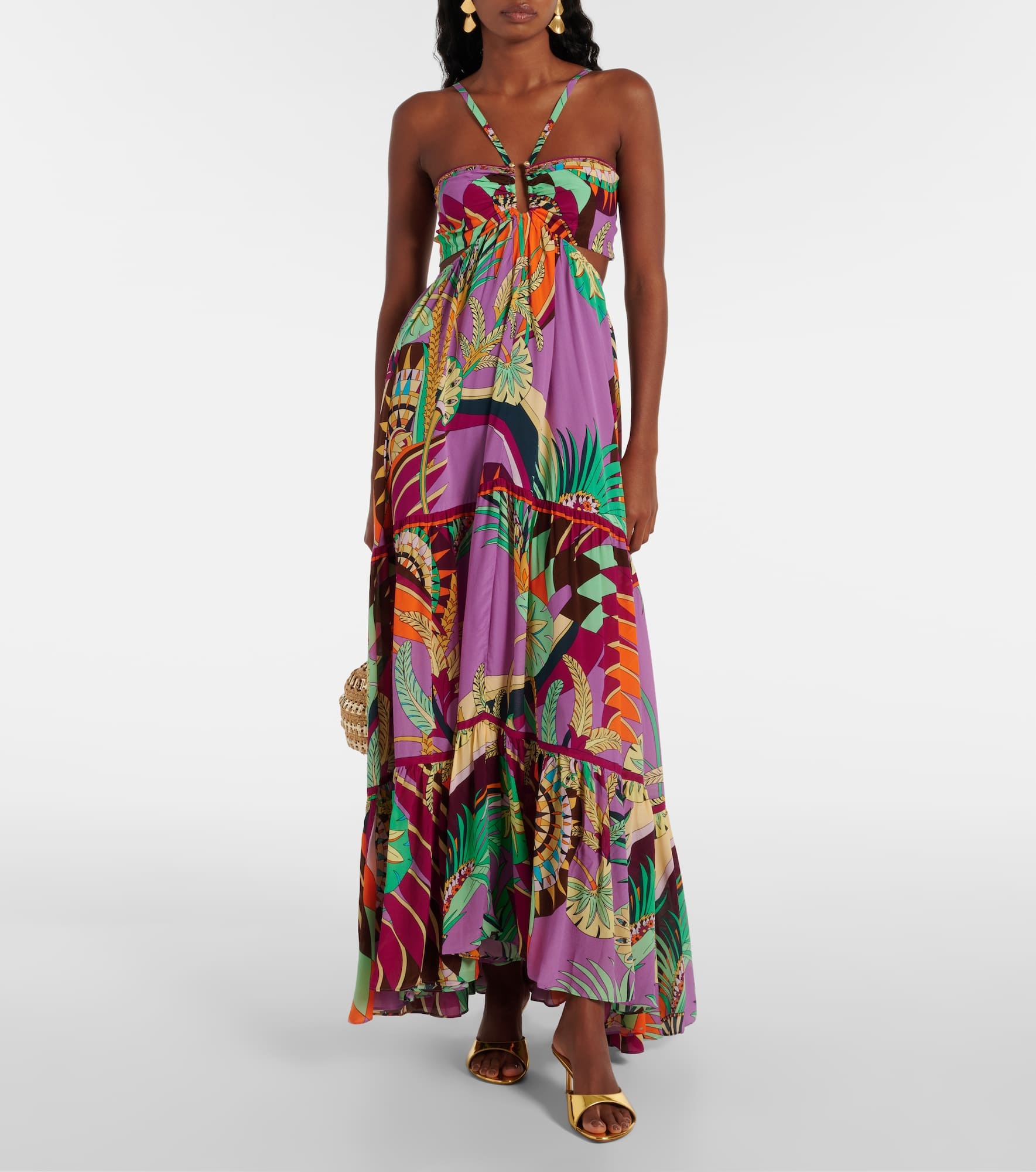 Gathered printed silk cutout maxi dress - 2