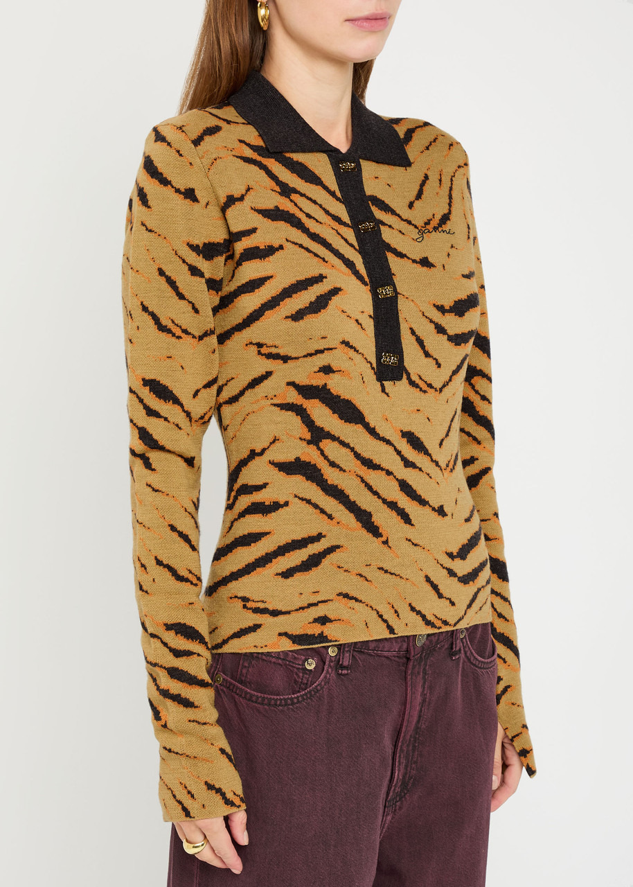 Ganni Tiger-jacquard Merino Wool Polo top - 2