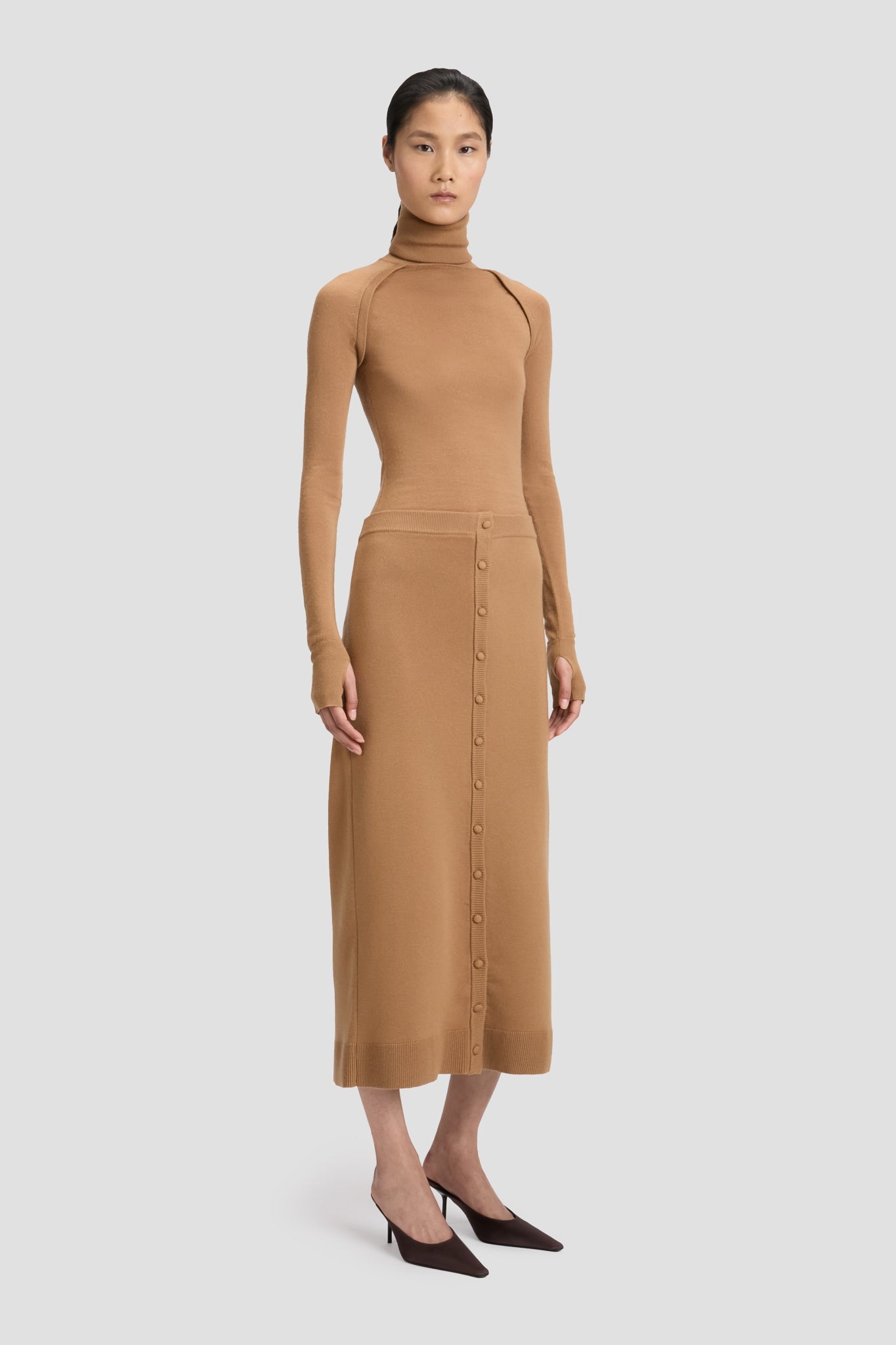 Button Detail Midi Skirt In Camel - 4