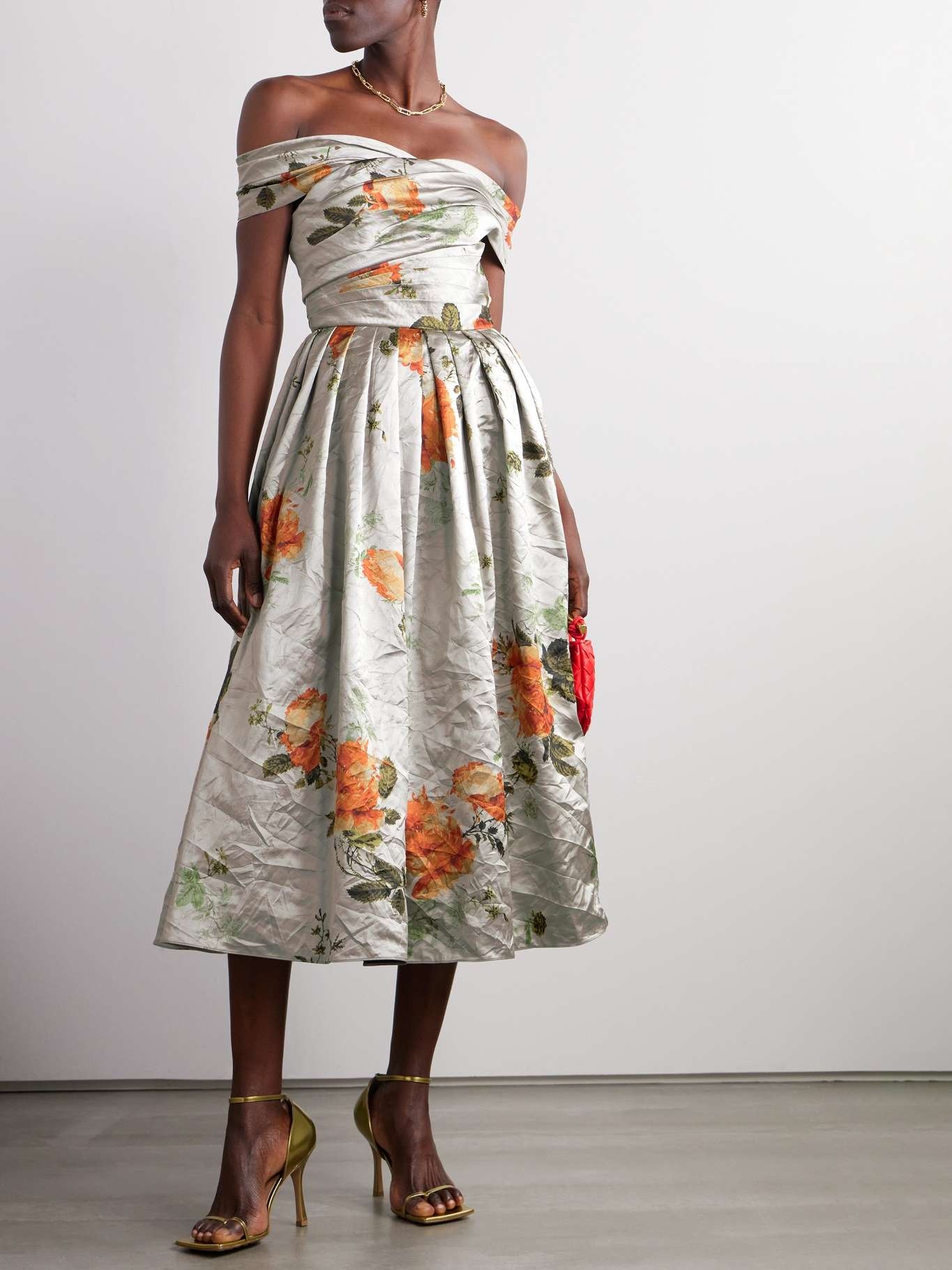 Off-the-shoulder floral-print metallic crinkled-satin midi dress - 2