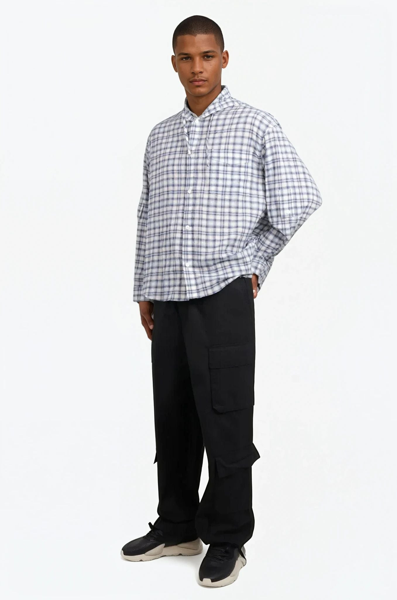 OVERSIZED CHECK HOODY SHIRTS | LIGHT BLUE - 2