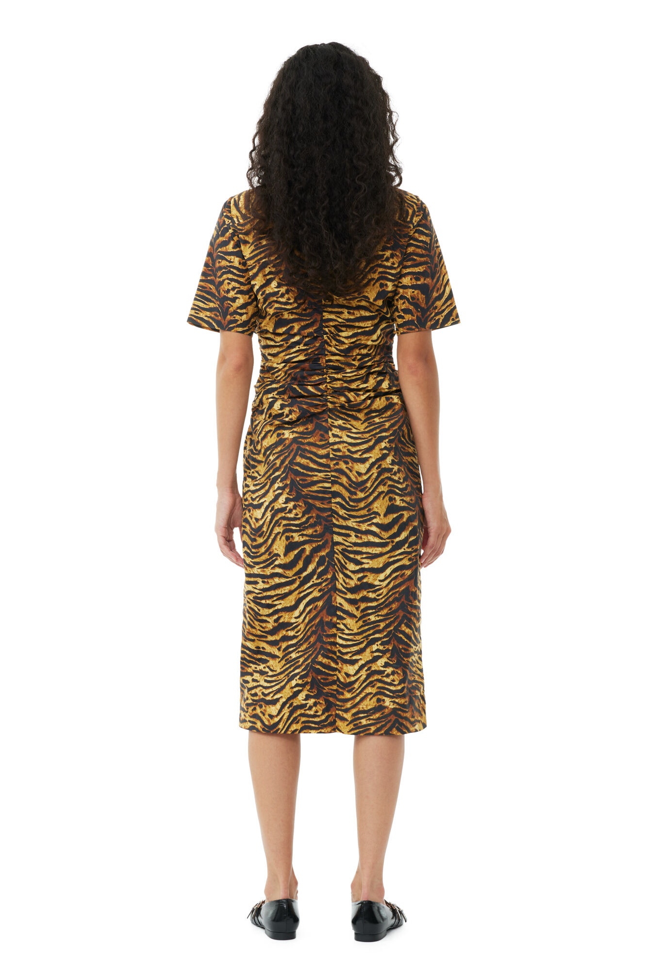 ANIMAL PRINTED COTTON GATHERED MIDI DRESS - 5