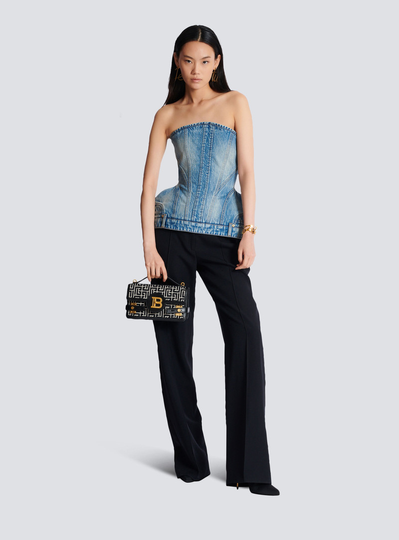 Balmain B-Buzz Shoulder 24 bag in calfskin and PB jacquard canvas outlook