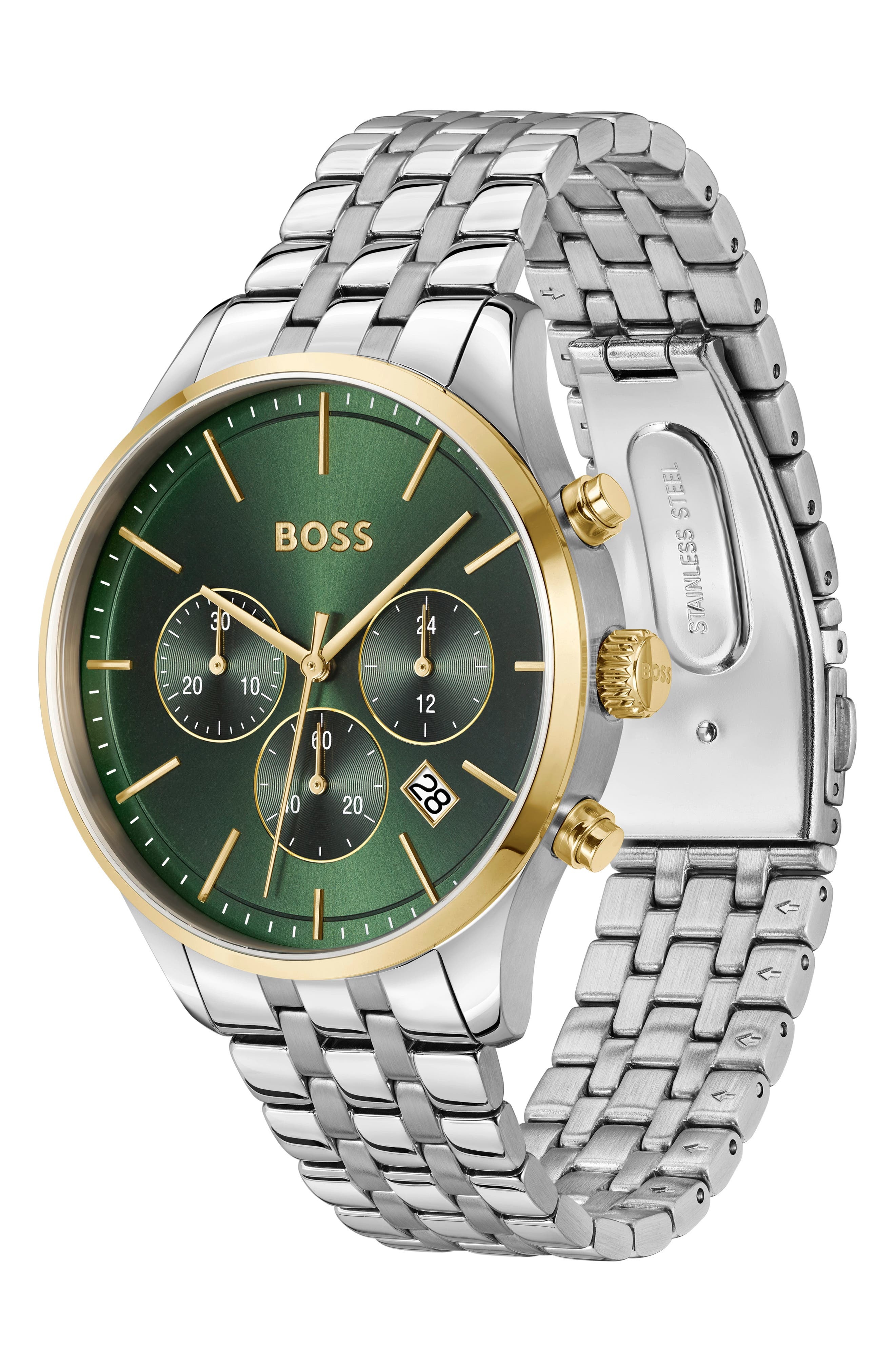 BOSS Avery Chronograph Bracelet Watch, 42mm in Silver/Green at Nordstrom - 4