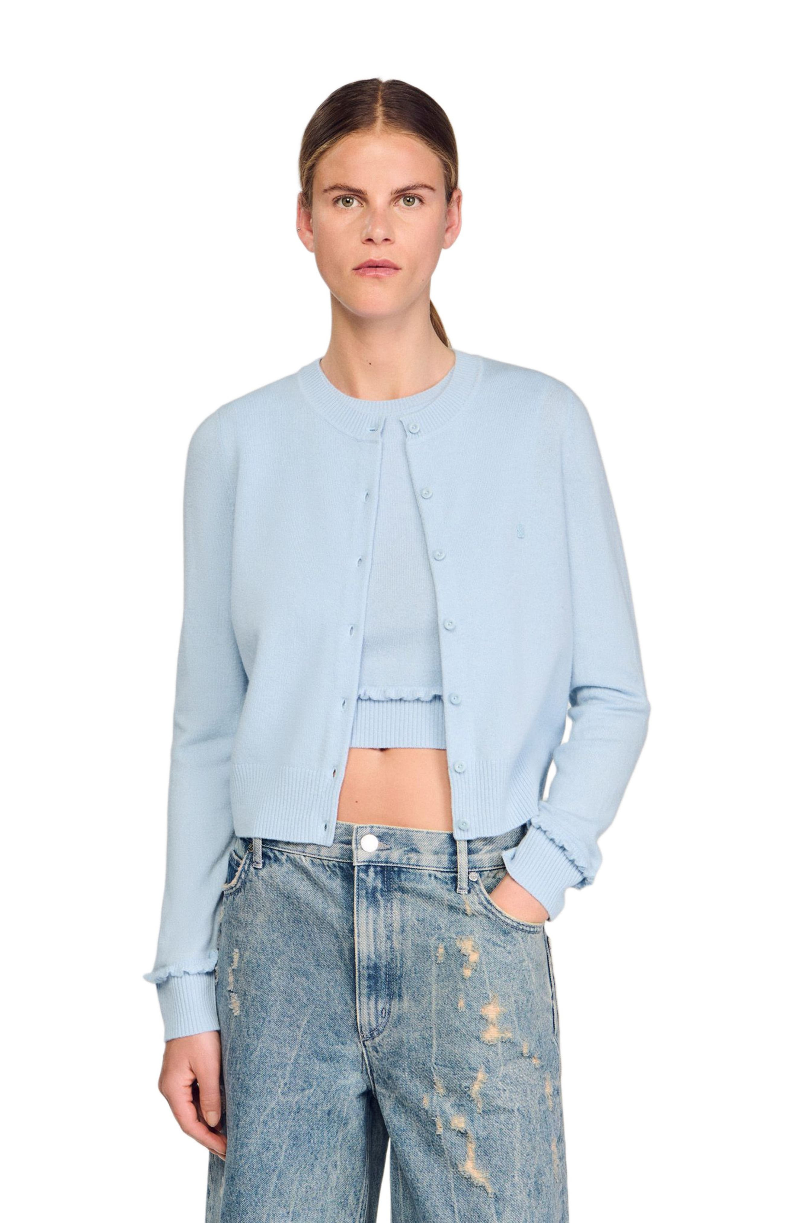 SANDRO Ruffled cardigan in Sky Blue at Nordstrom - 4