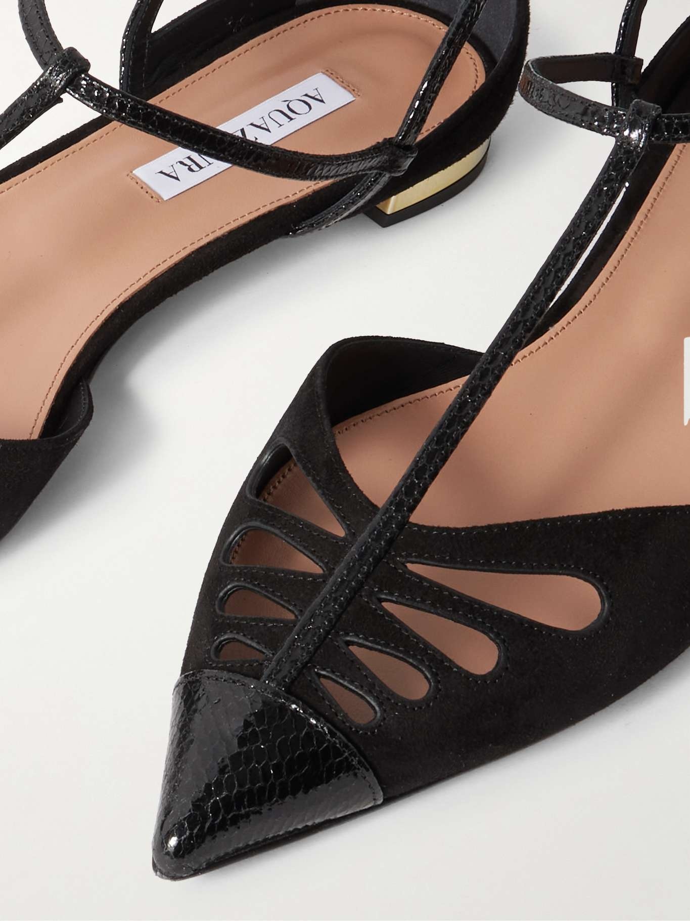 Camille patent snake-effect leather-trimmed cutout suede point-toe flats Black - 4