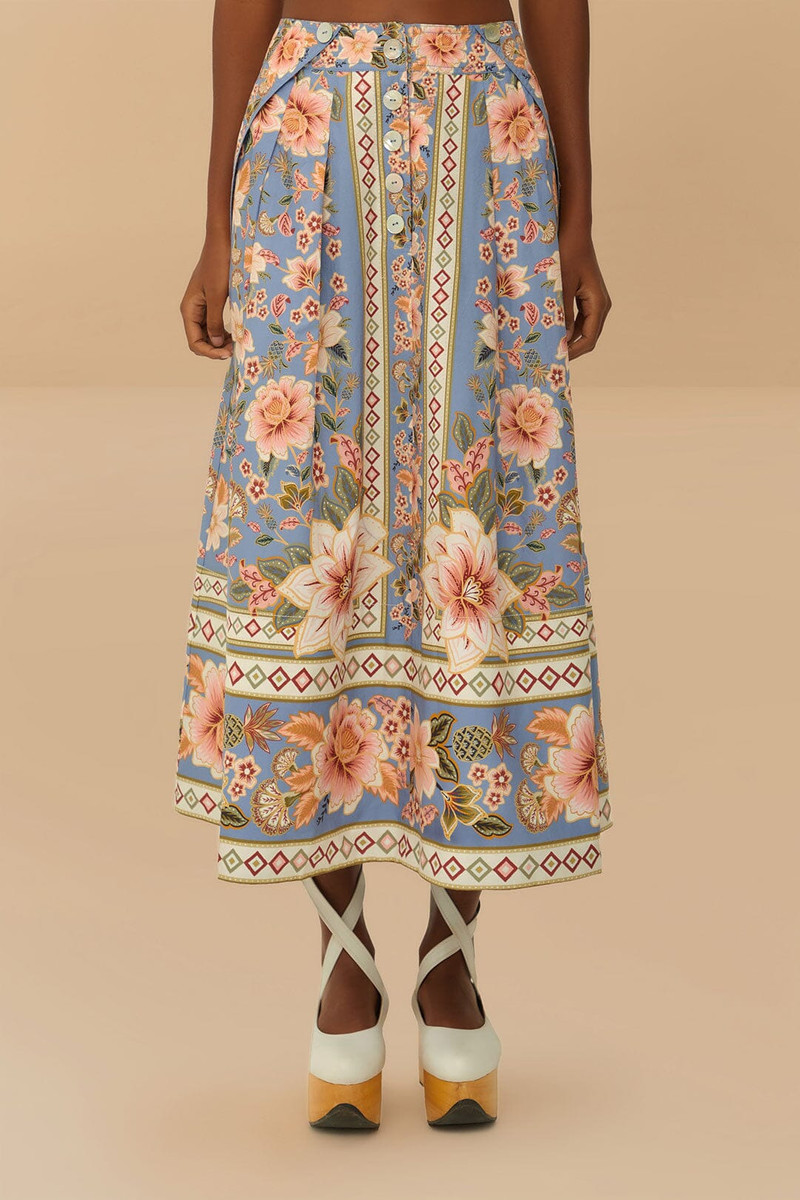 FARM RIO Blue Superbloom Tapestry Buttoned Maxi Skirt outlook