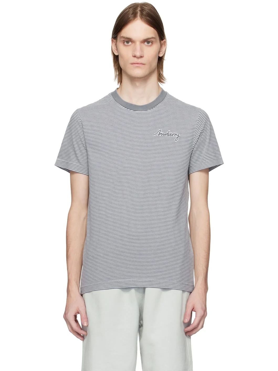 White & Gray Striped Cotton T-shirt - 1