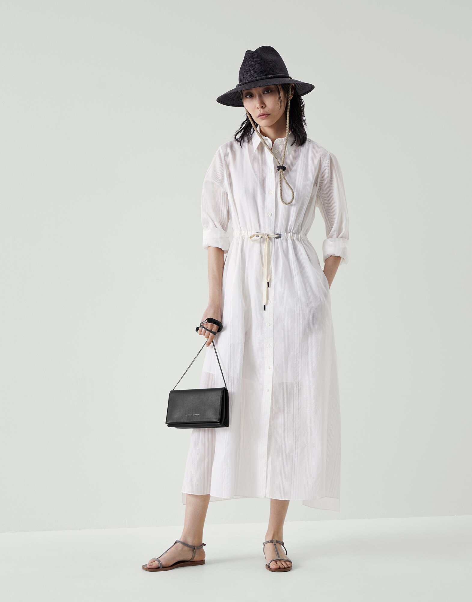 Cotton and silk sheer stripe organza belted shirt dress with precious eyelets - 1