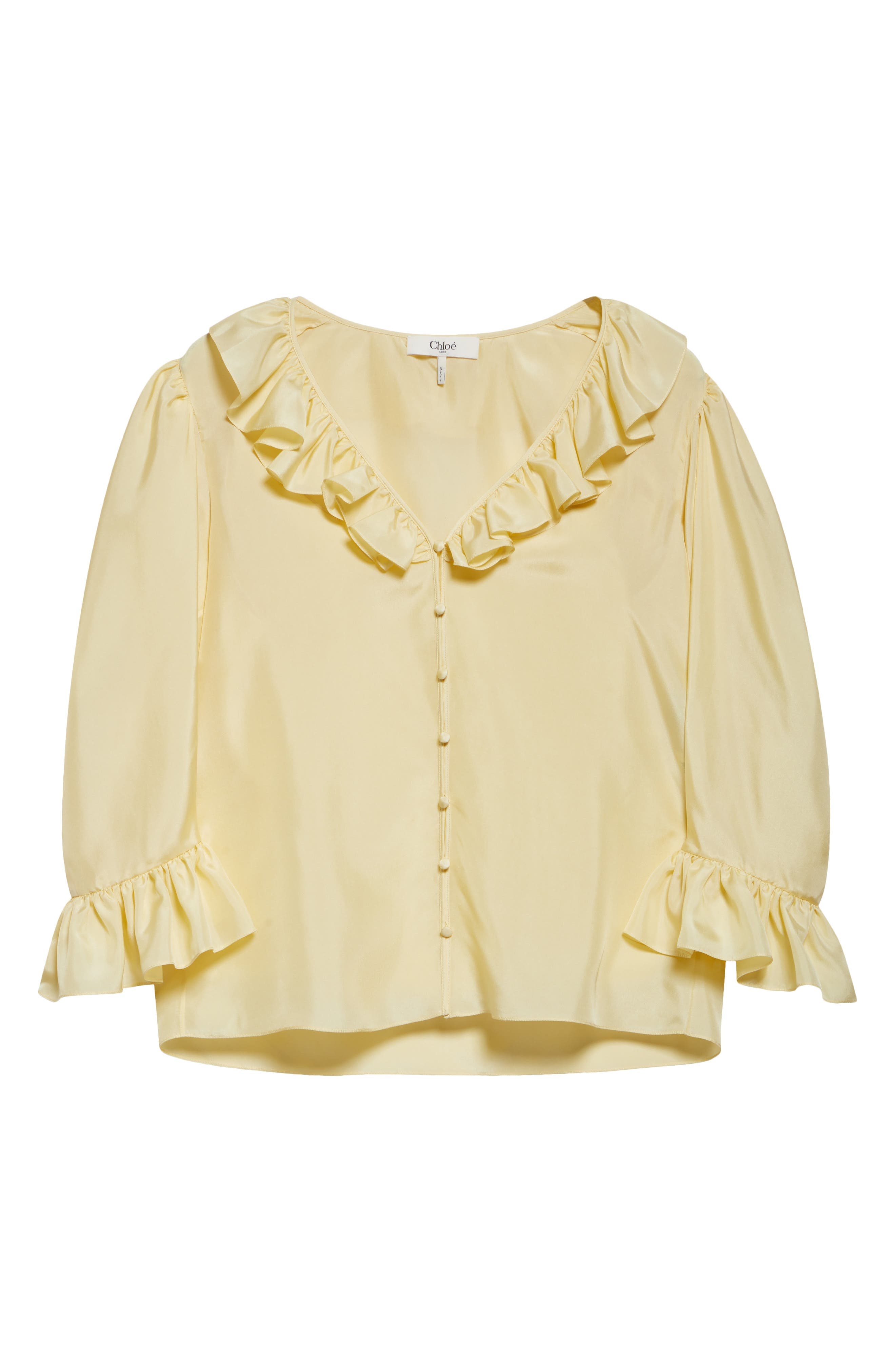 Chloé Ruffle Balloon Sleeve Silk Button-Up Shirt in Powder Yellow at Nordstrom - 5