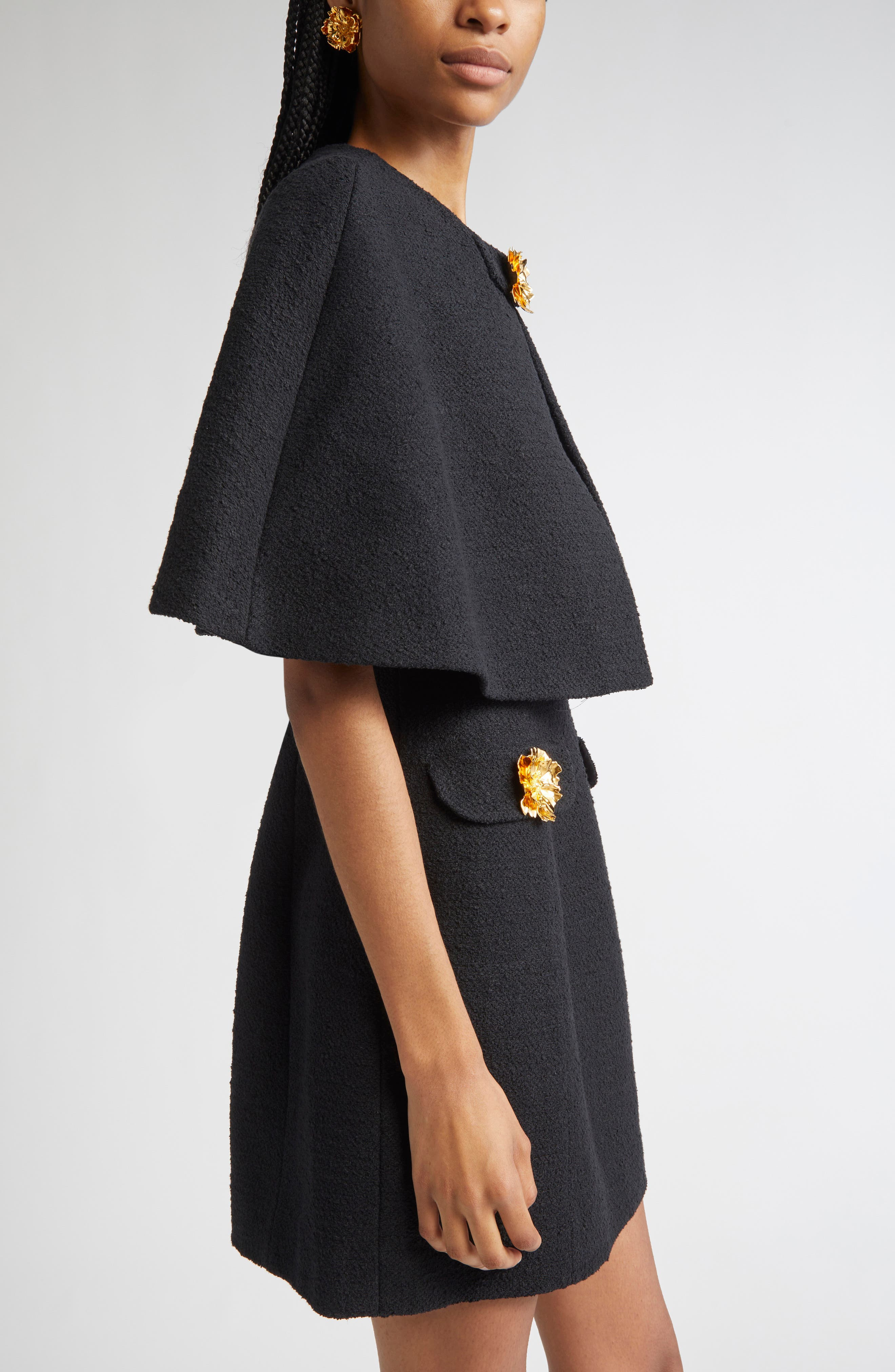 Oscar de la Renta Peony Detail Tweed Crop Cape in Black at Nordstrom - 4
