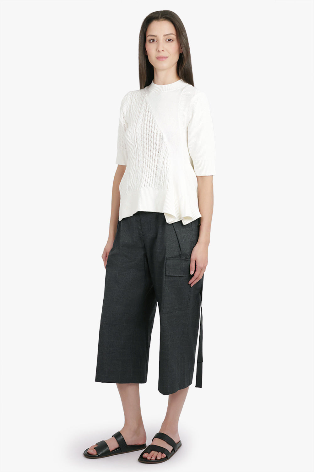 GLEN CHECK PRINT RELAXED TAPERED PANT WITH ADJUSTABLE STRAPS | GREY/BLACK - 7