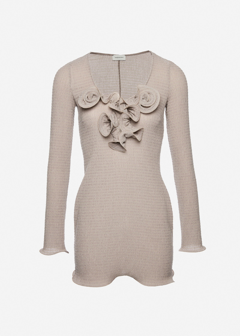 Long-sleeve crepe beach mini dress in light brown 1