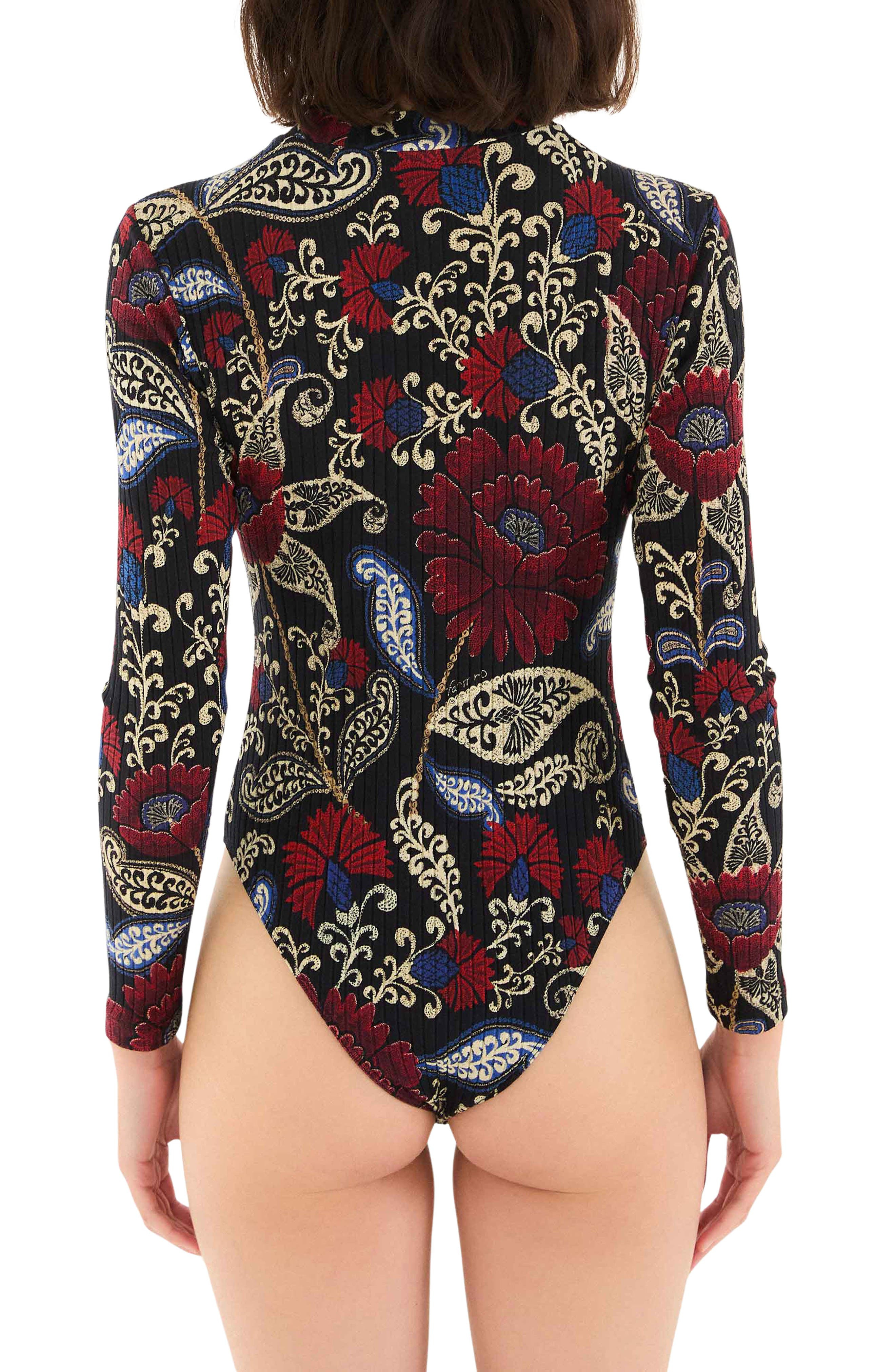 FARM Rio Valentina Floral Paisley Long Sleeve Stretch Cotton Bodysuit in Valentina Black at Nordstro - 2
