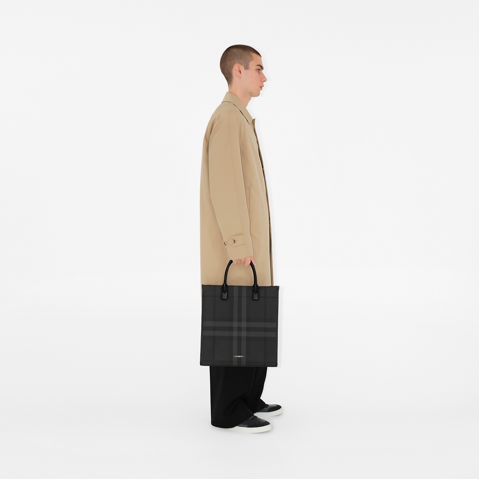 Charcoal Check and Leather Slim Tote - 4