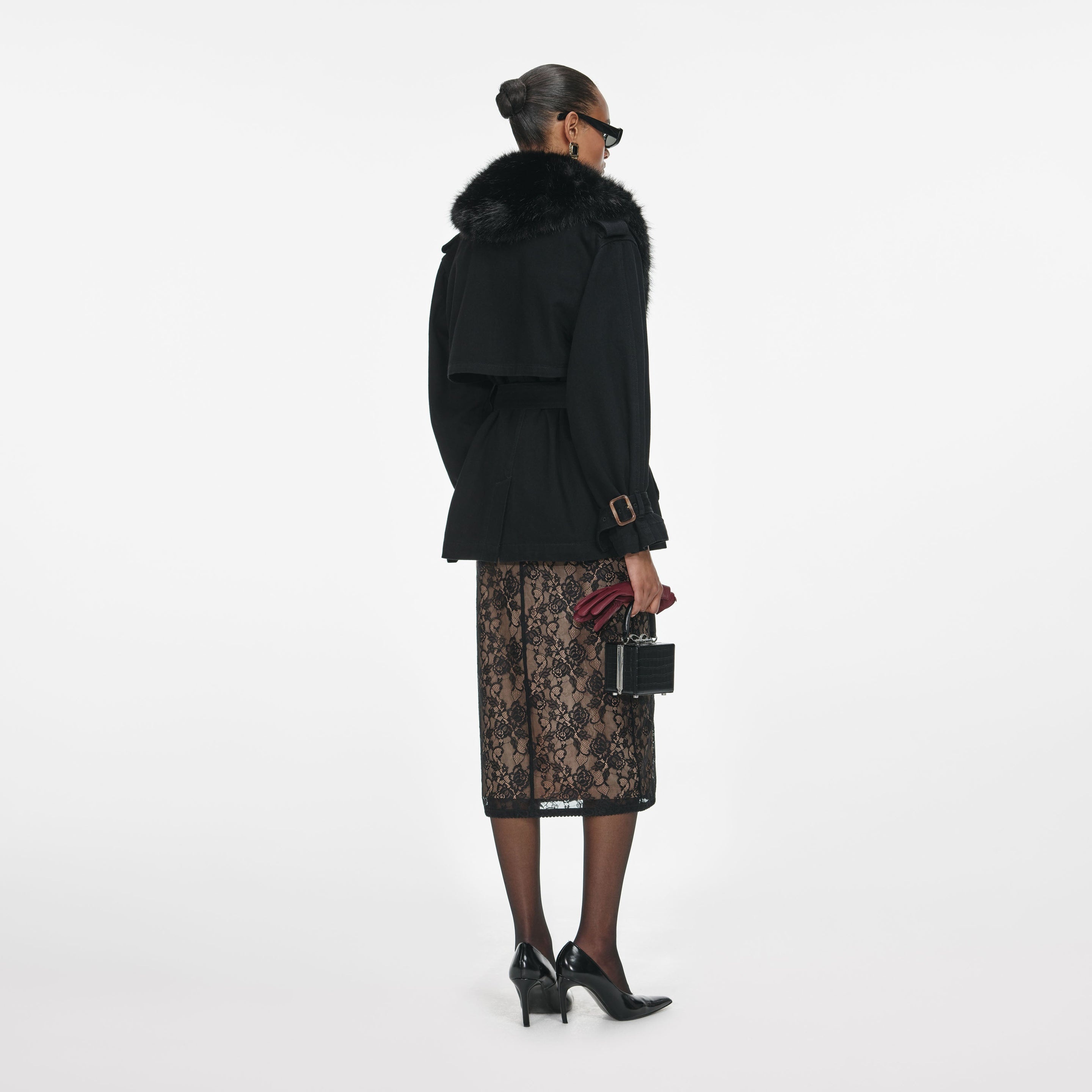 Black Denim Fur Collar Jacket - 3