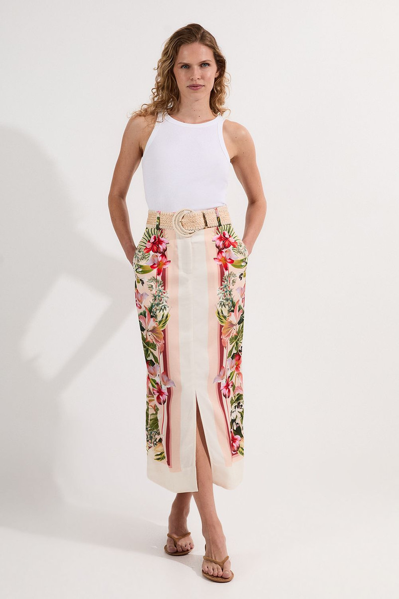Mirrored Viscose Linen Floral Print With Raffia Belt Woven Midi Skirt 1