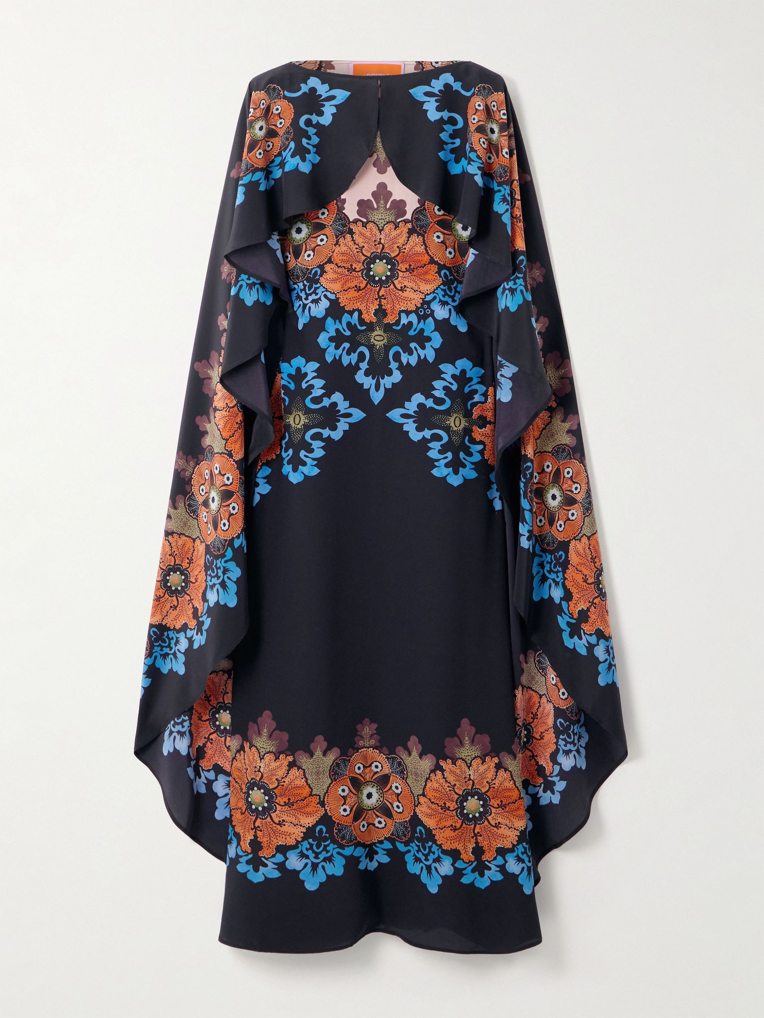 Magic cape-effect printed silk-crepe maxi dress Navy - 1