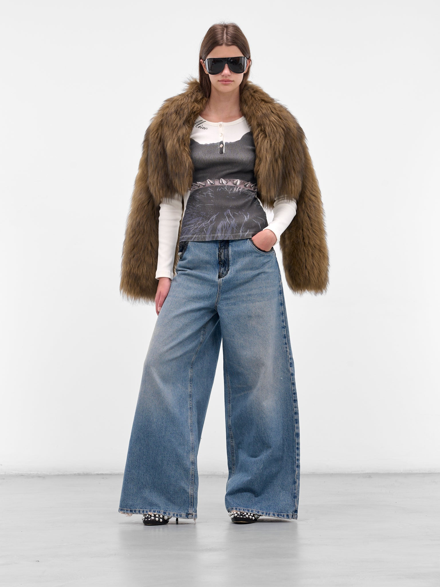 Blue Denim Lace Wide Jeans - 6